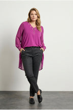 Plus Size V-Neck Long Sleeve Tulle Detailed Asymmetrical Cut Blouse