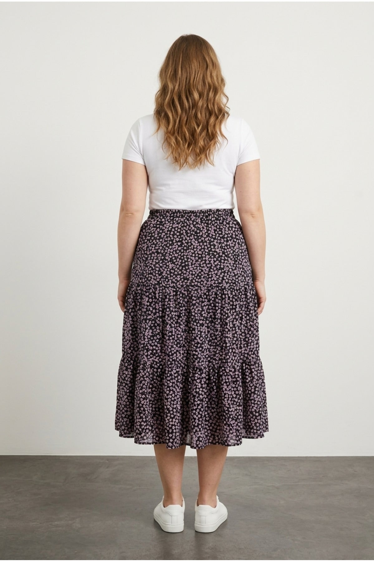 Plus Size Elastic Waist Pleated Minimal Floral Print Stretchy Fabric Skirt