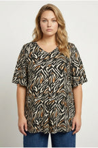 Plus Size V-Neck Pleated Front Short Sleeve Patterned Blouse