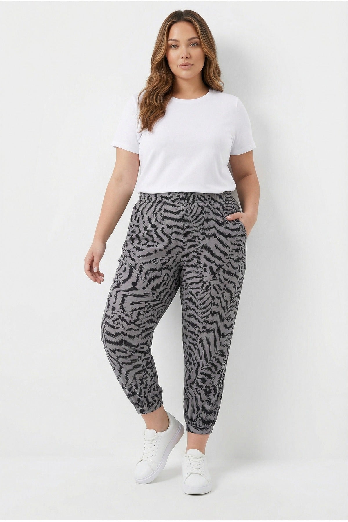 Plus Size Patterned Harem Pants with Elasticated Waist and Cuffs and Pockets