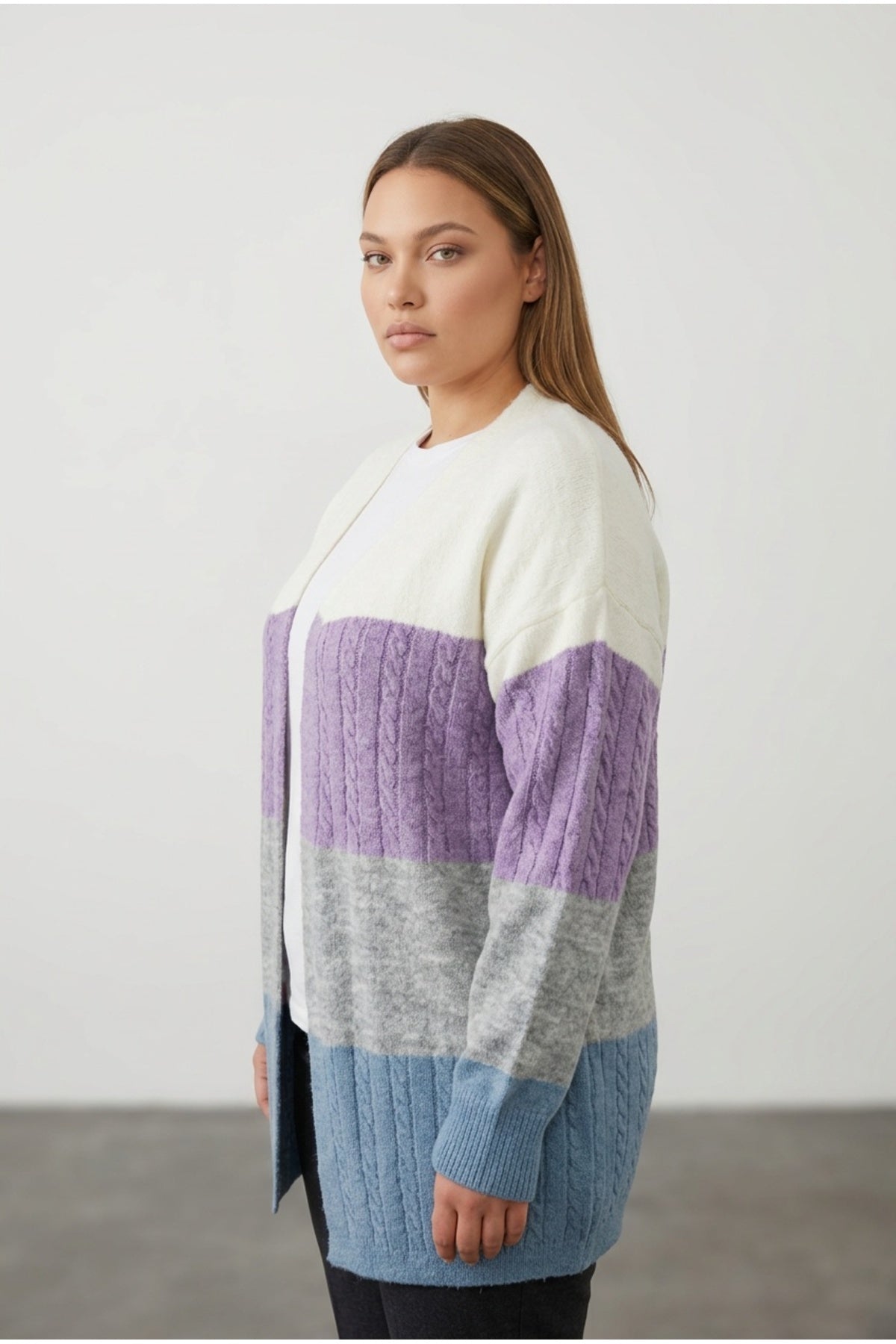 Plus Size Long Sleeve Open Front Color Block Knit Cardigan