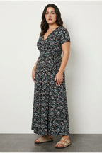 Plus Size V-neck Short Sleeve Belted Waist Floral Print Maxi Dress