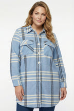 Plus Size Buttoned Pocketed Blue Flannel Shirt