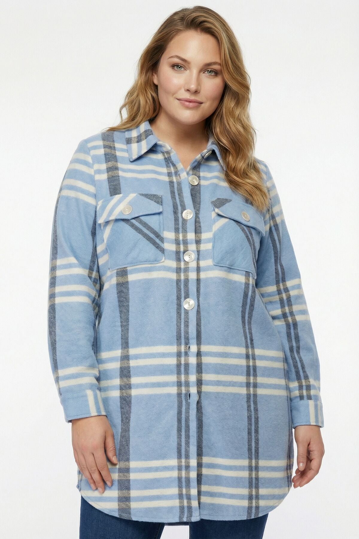 Plus Size Buttoned Pocketed Blue Flannel Shirt