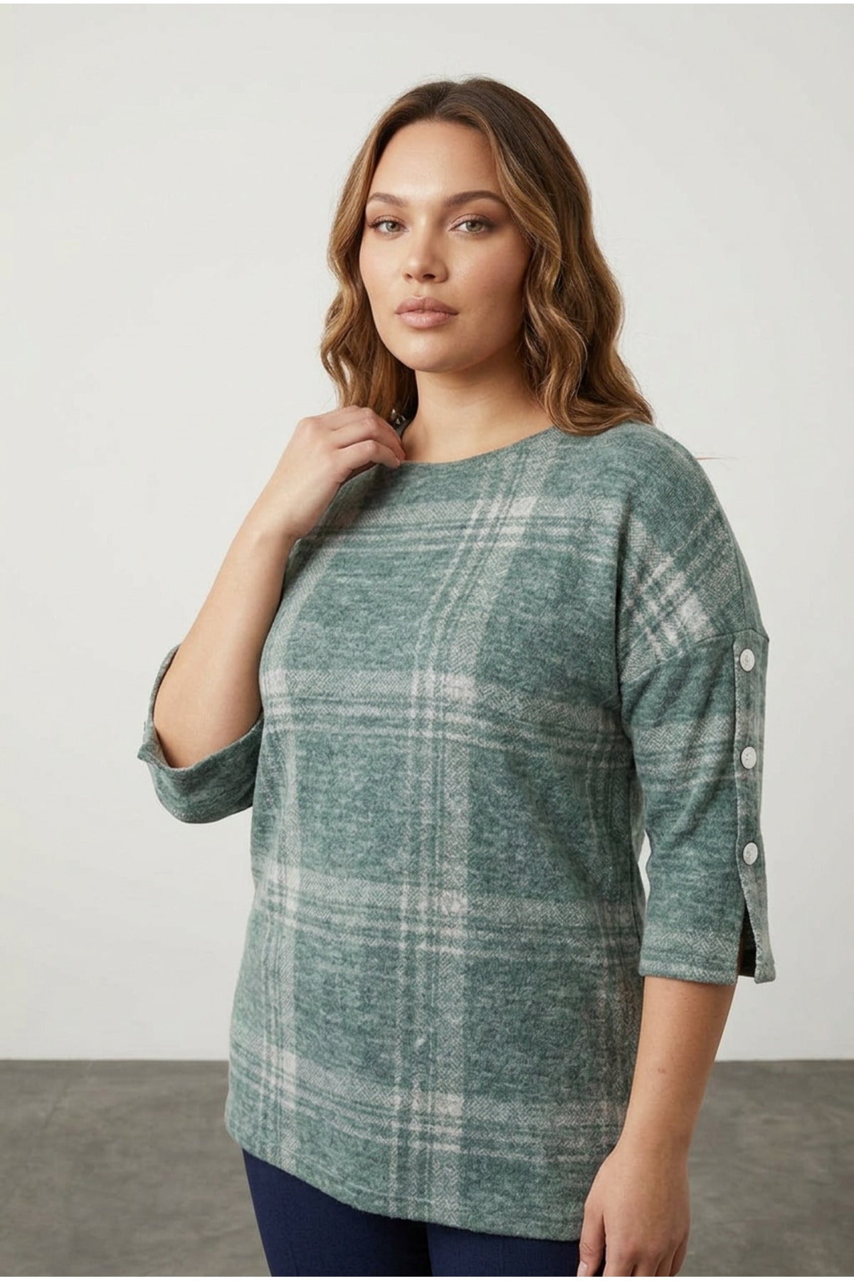 Plus Size Half Sleeve Button Detailed Soft Textured Sweater