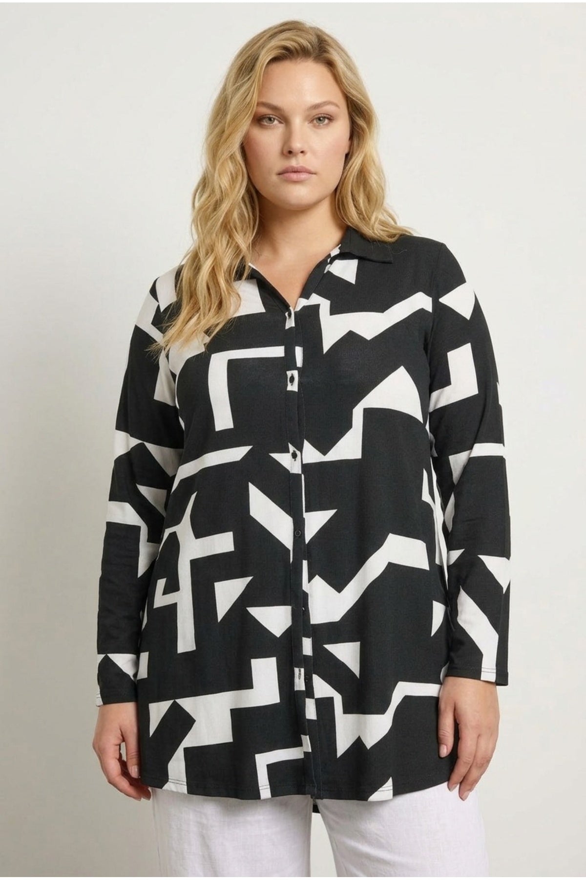 Plus Size Long Sleeve Abstract Patterned Long Shirt