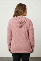 Plus Size Long Sleeve Hooded Fine Knit Sweatshirt with Side Pockets