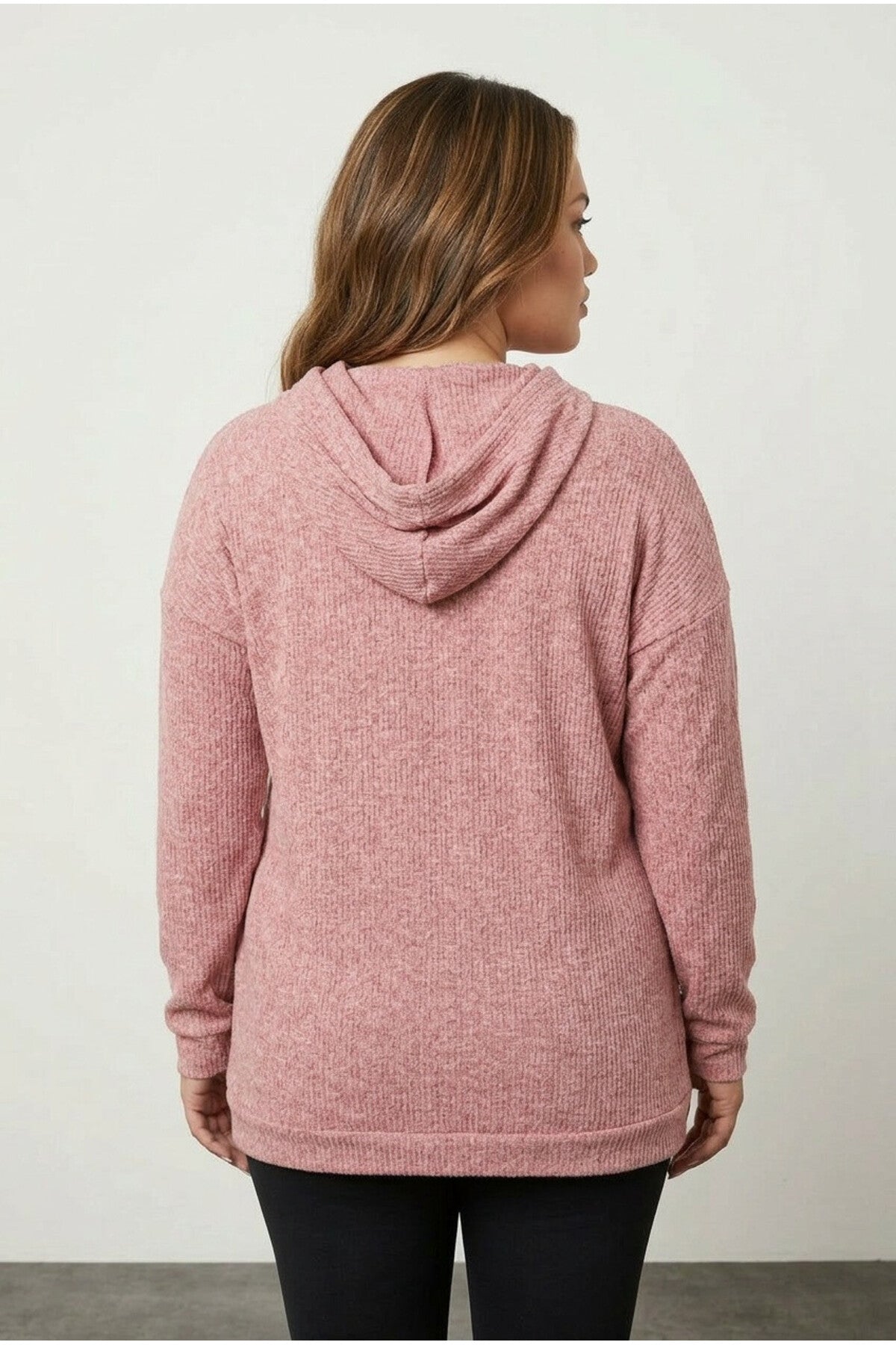 Plus Size Long Sleeve Hooded Fine Knit Sweatshirt with Side Pockets