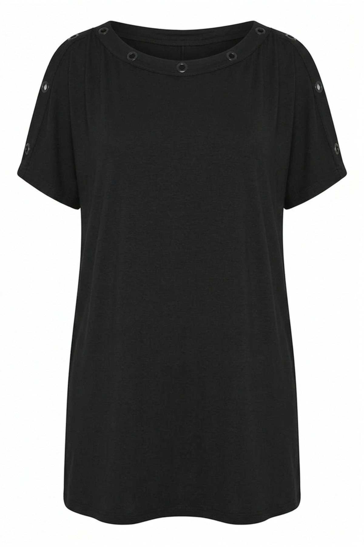 Plus Size Crew Neck Short Sleeve Shoulder Detailed Eyelet Flexible Fabric T-shirt