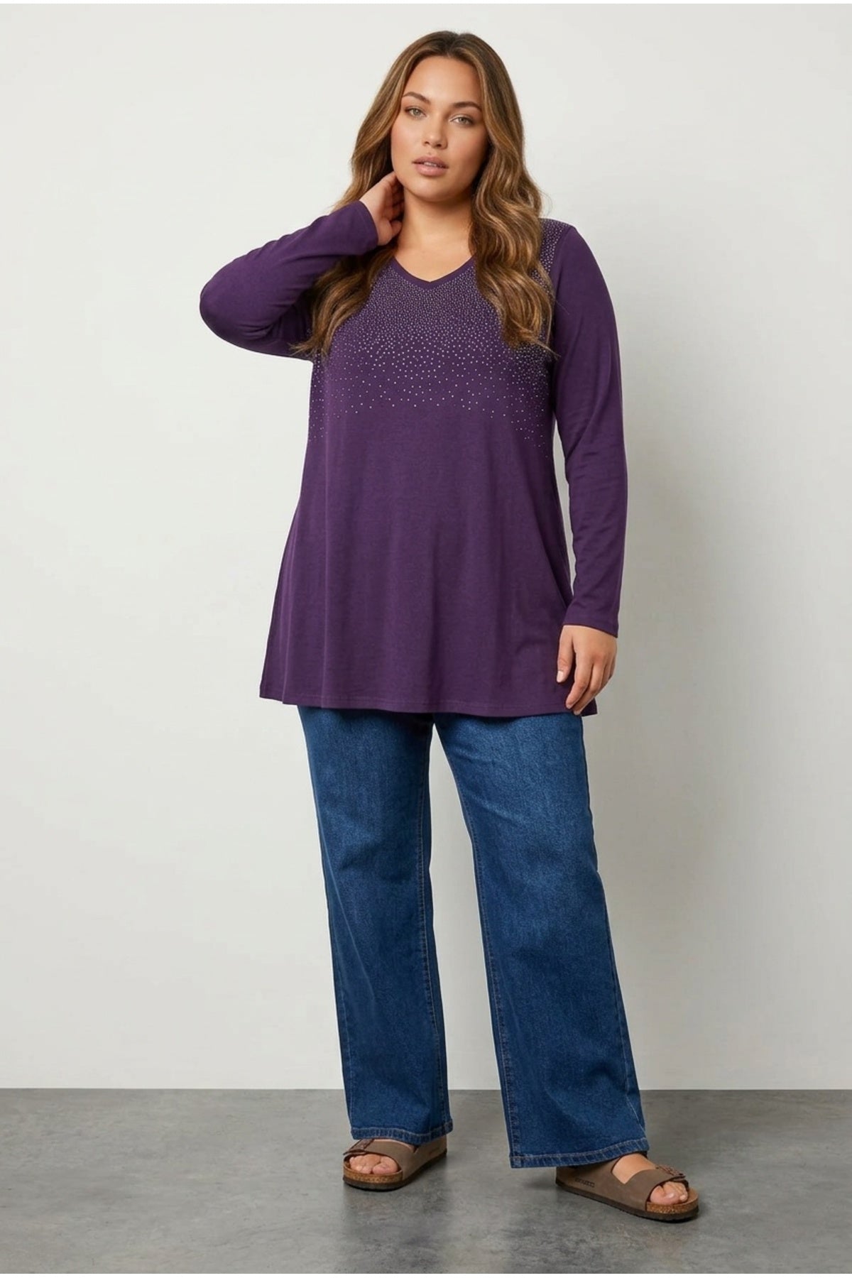 Plus Size V-Neck Long Sleeve Front Stone Embellished Blouse