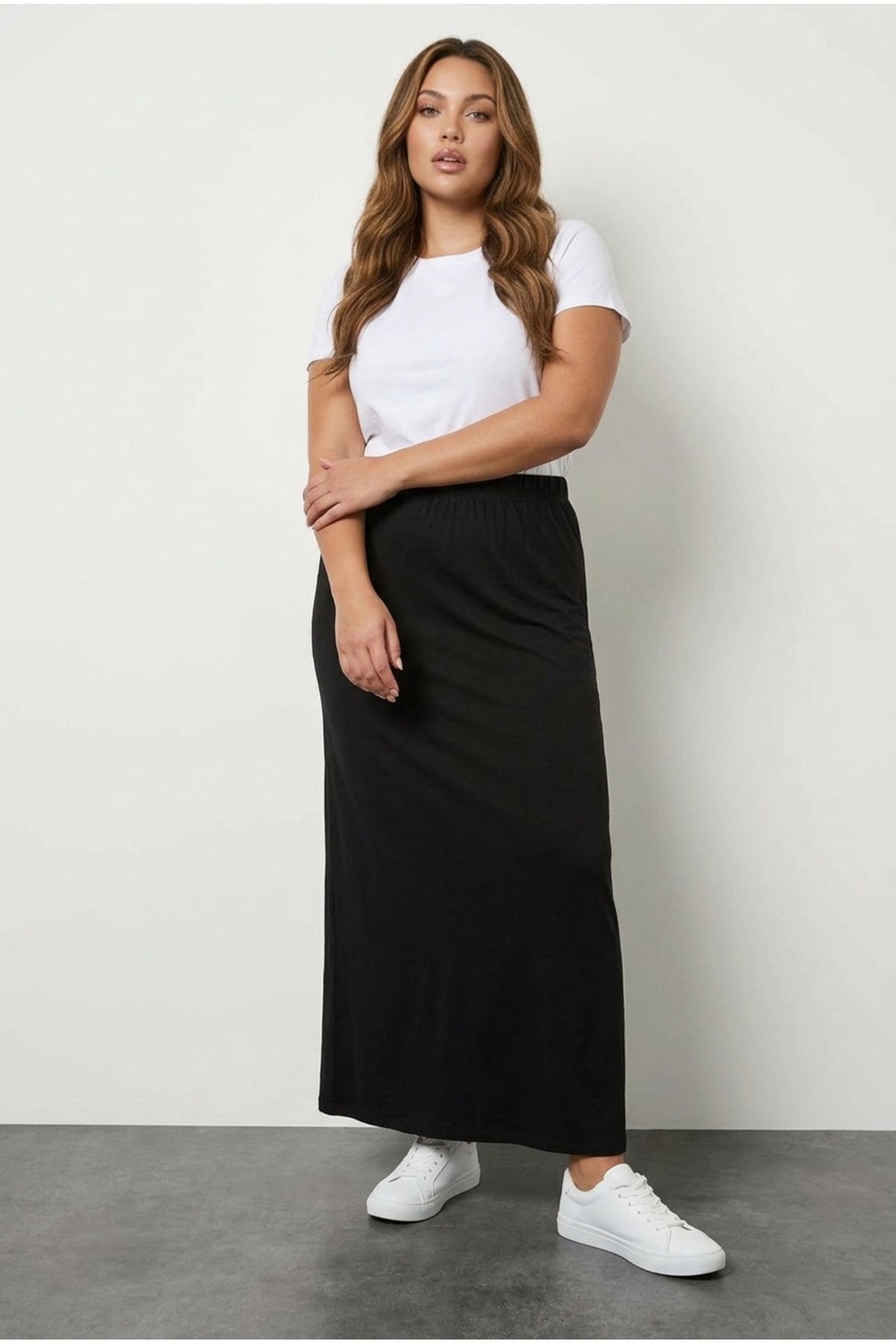 Plus Size Elastic Waist Relaxed Fit Pocketless Stretch Long Skirt