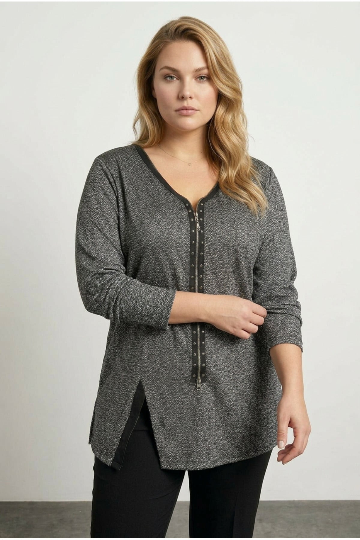 Plus Size V-Neck Front Zippered Blouse with Slit Detail
