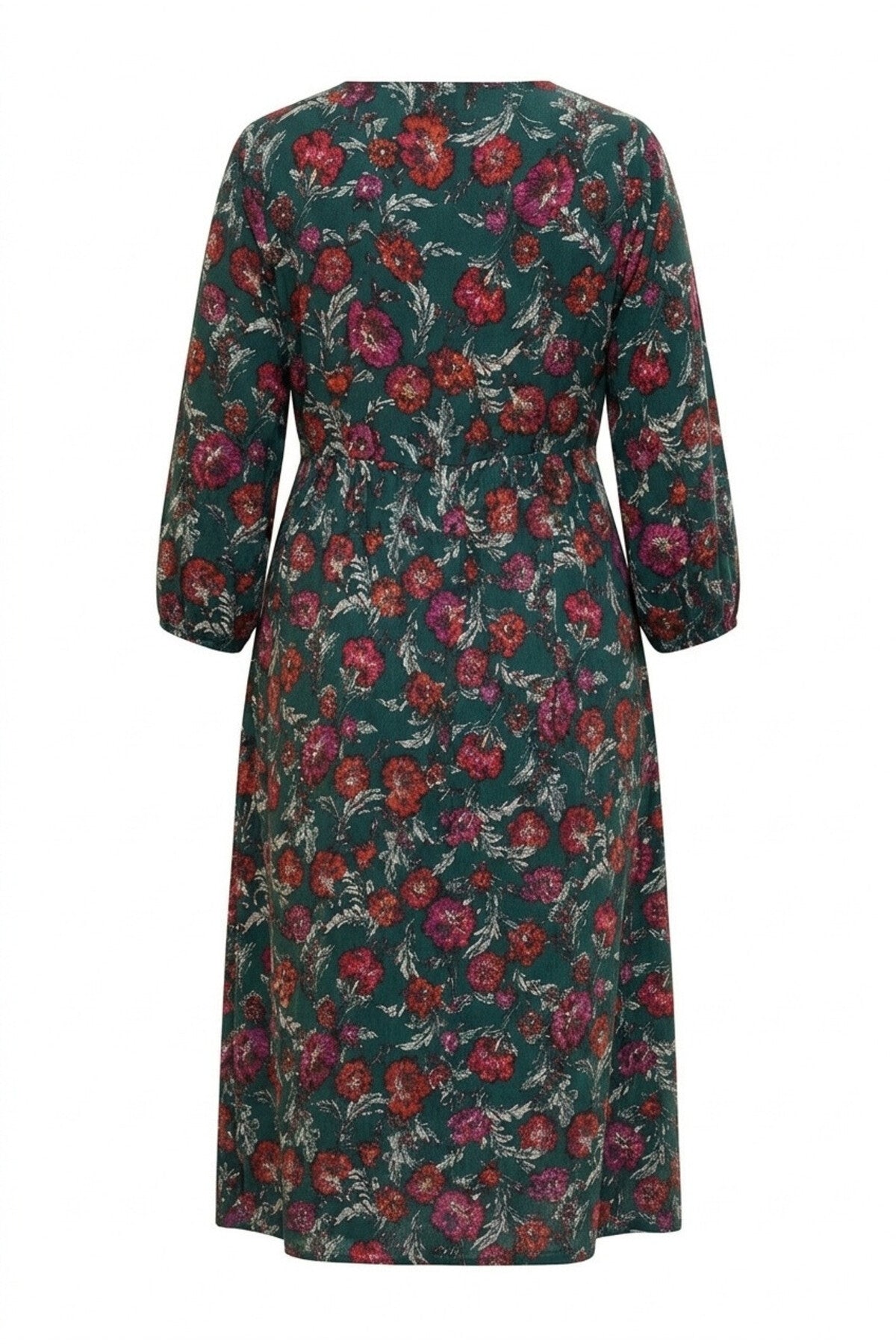 Plus Size V-Neck Floral Print Bishop Sleeve Midi Dress