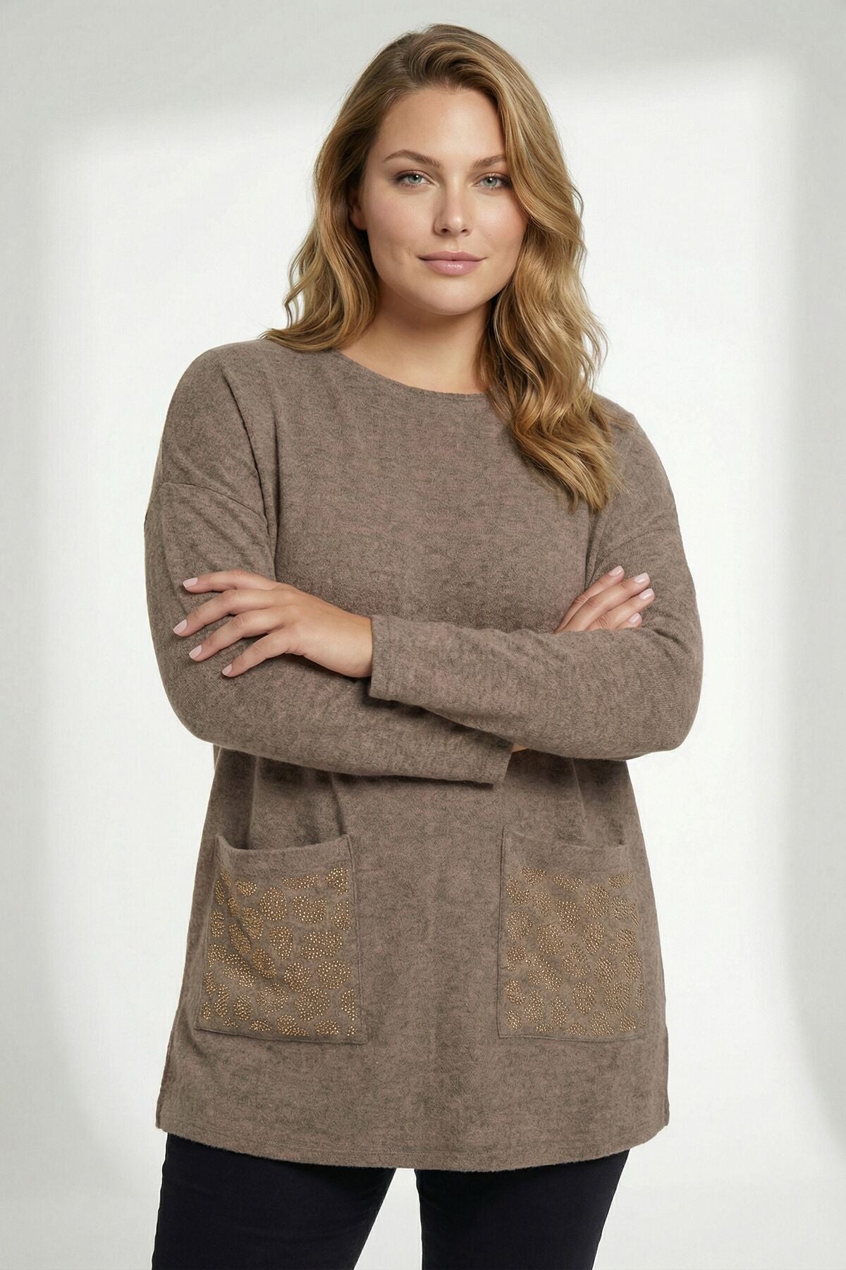 Plus Size Leopard Stone Embellished Coffee Fluffy Sweater