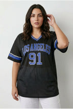 Plus Size V-Neck Short Sleeve Printed Mesh T-shirt