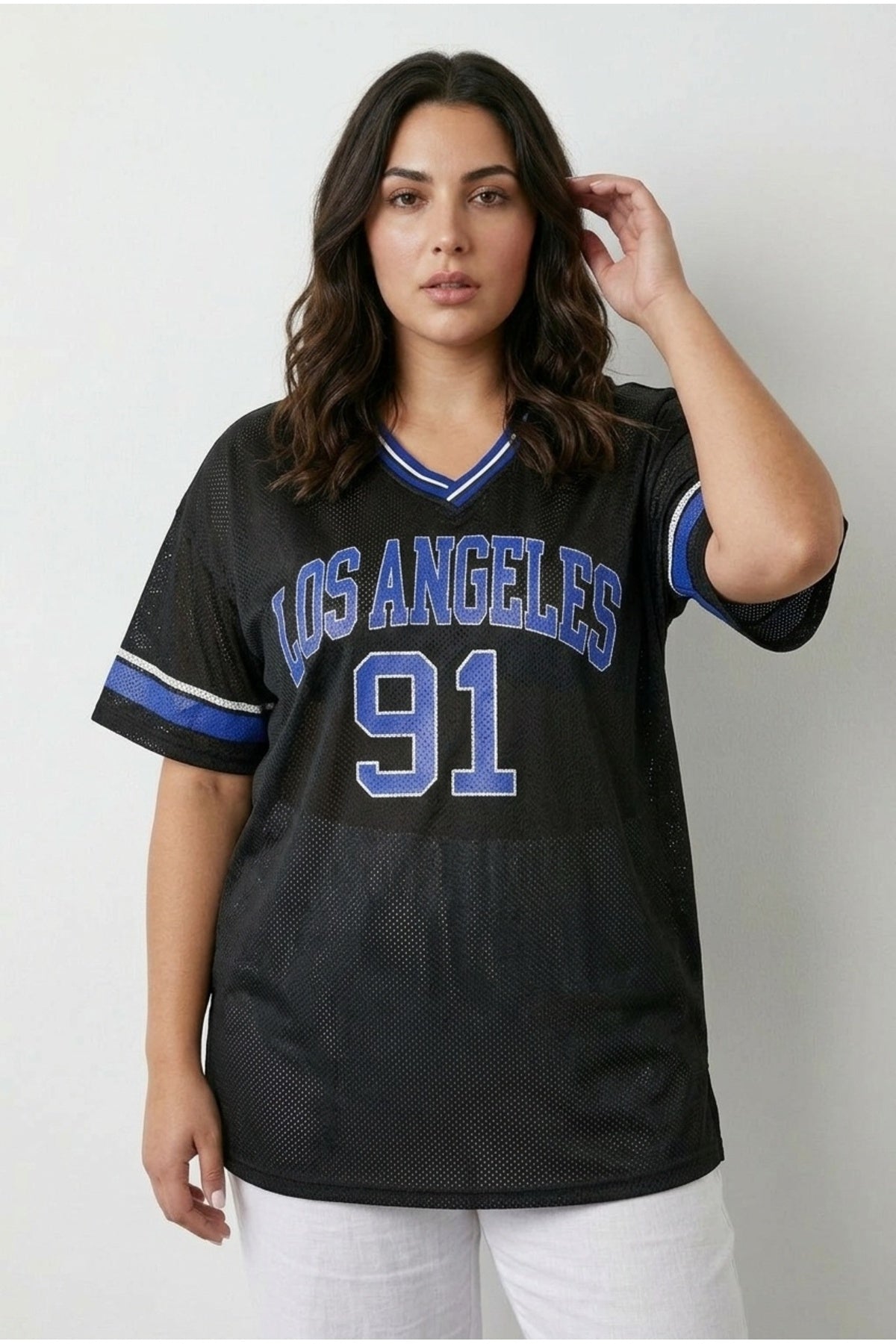 Plus Size V-Neck Short Sleeve Printed Mesh T-shirt