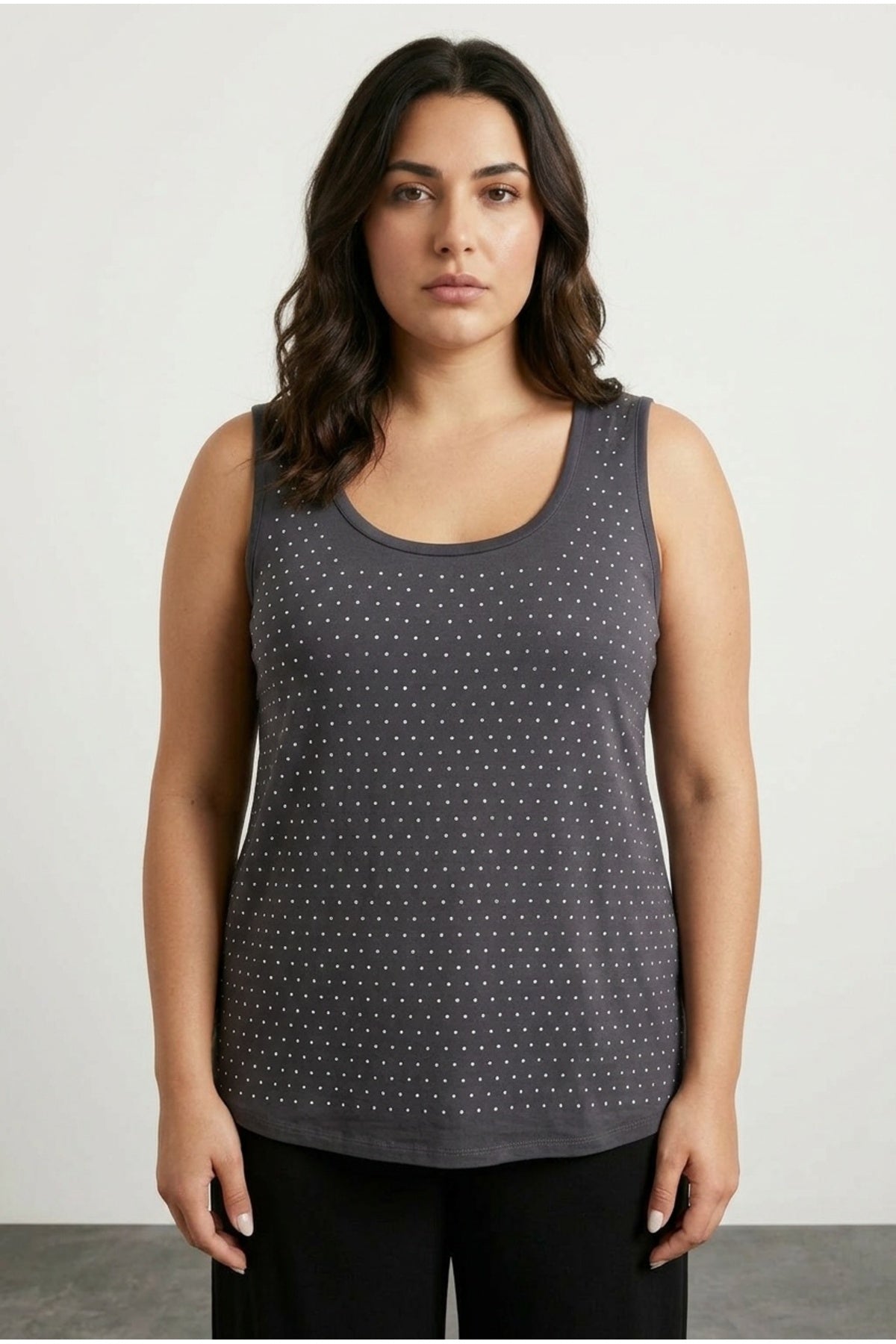 Plus Size Sleeveless Crew Neck Blouse with Front Stone Embellishment