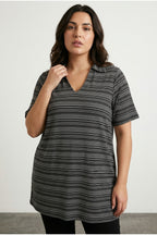 Plus Size V-Neck Short Sleeve Stretchy Fabric Striped Long T-shirt