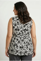 Plus Size V-Neck Sleeveless Patterned Blouse with Front Tie