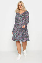 Plus Size V-Neck Long Sleeve Patterned Midi Length Dress