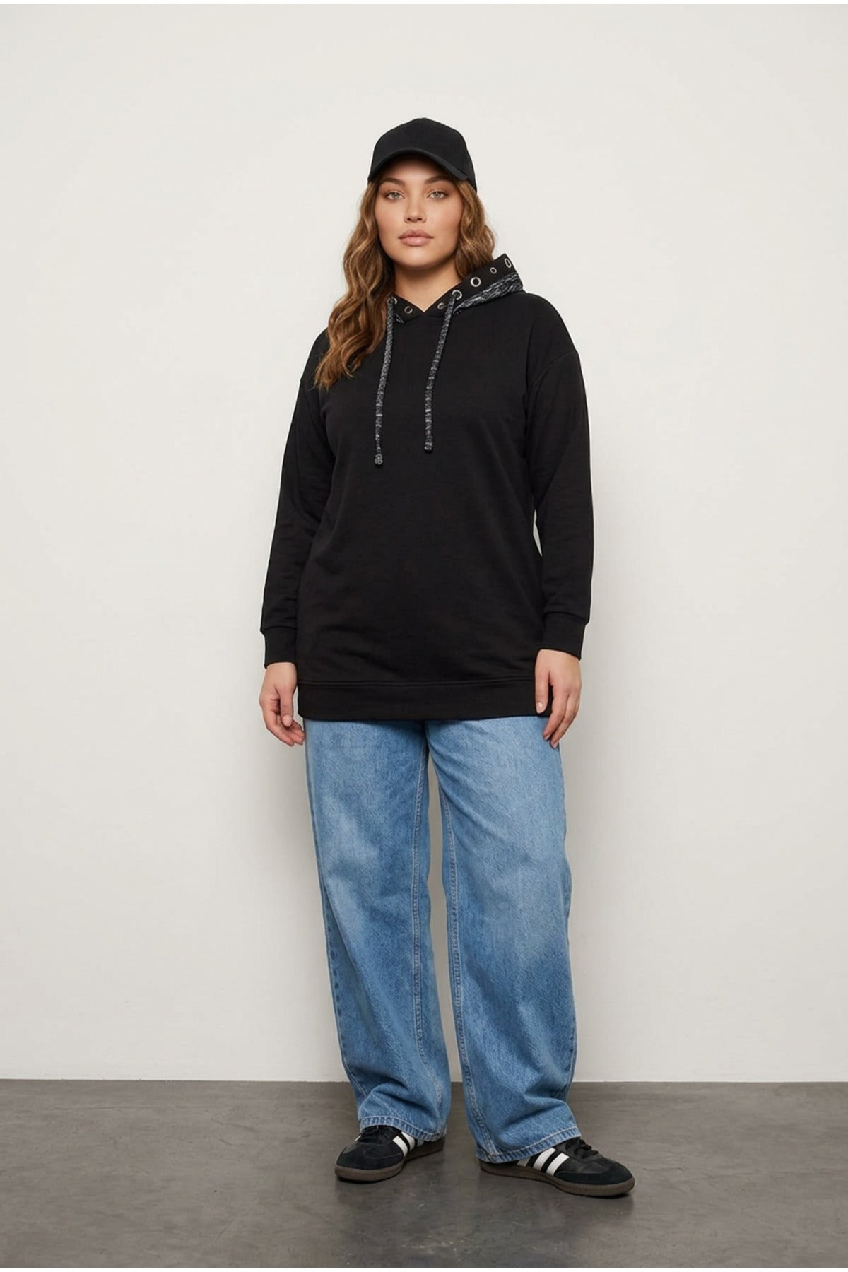 Plus Size Long Sleeve Patterned Hooded Pocketed Sweatshirt