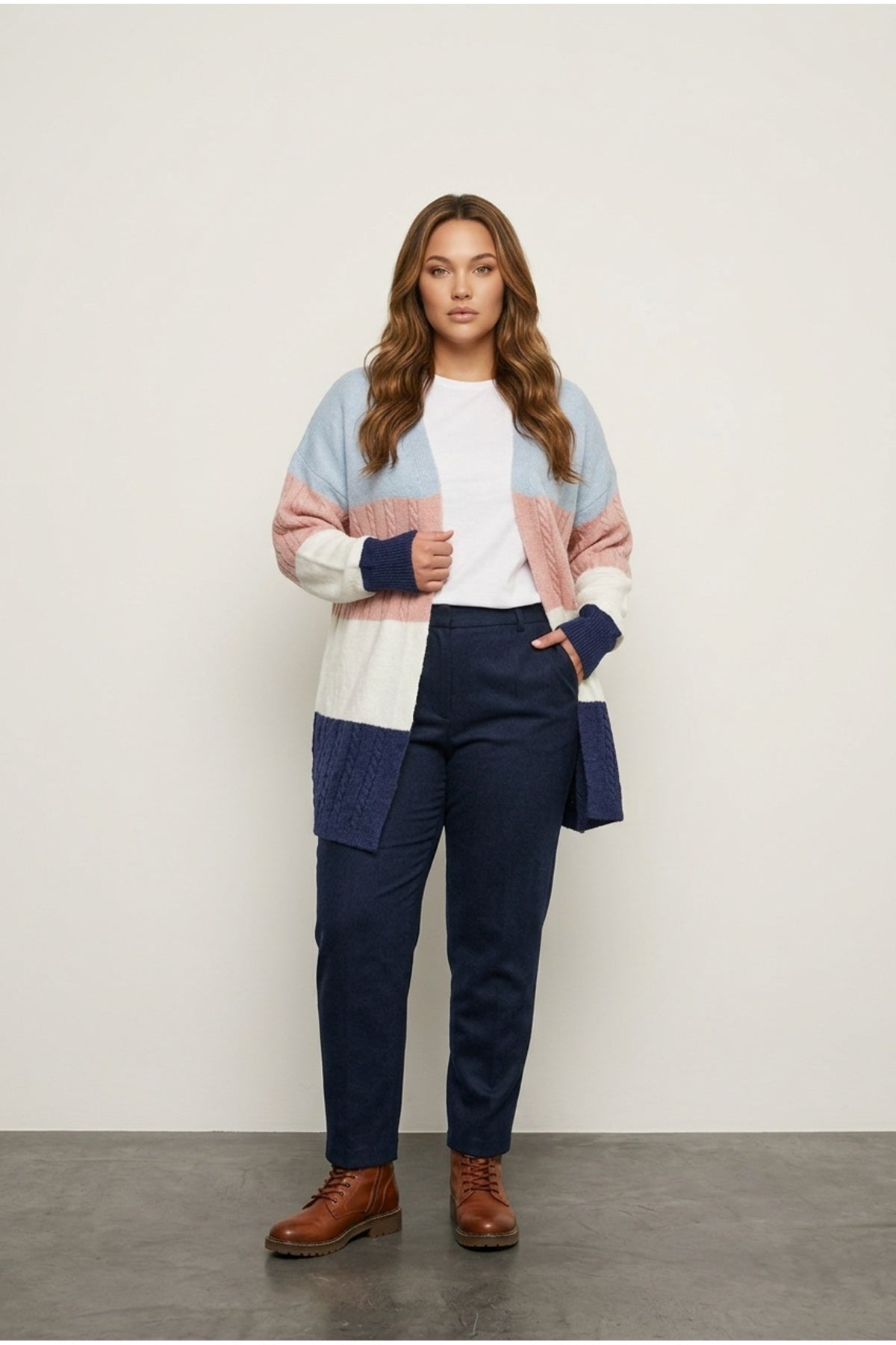 Plus Size Long Sleeve Open Front Color Block Knit Cardigan