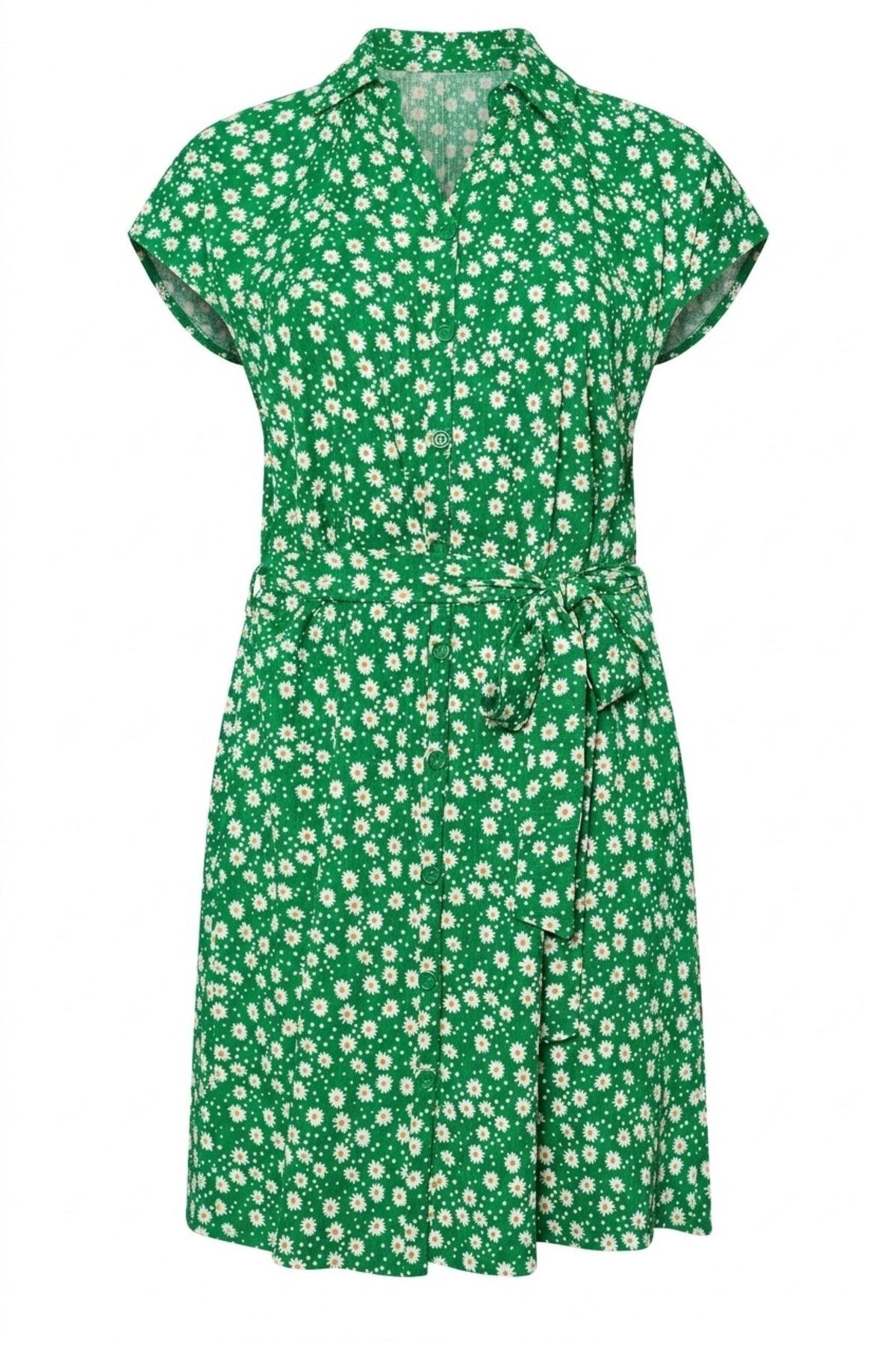 Plus Size Polo Neck Short Sleeve Floral Print Button Detail Belted Dress