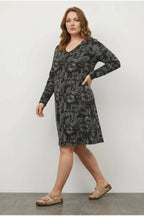 Plus Size V-Neck Long Sleeve Patterned Midi Length Dress