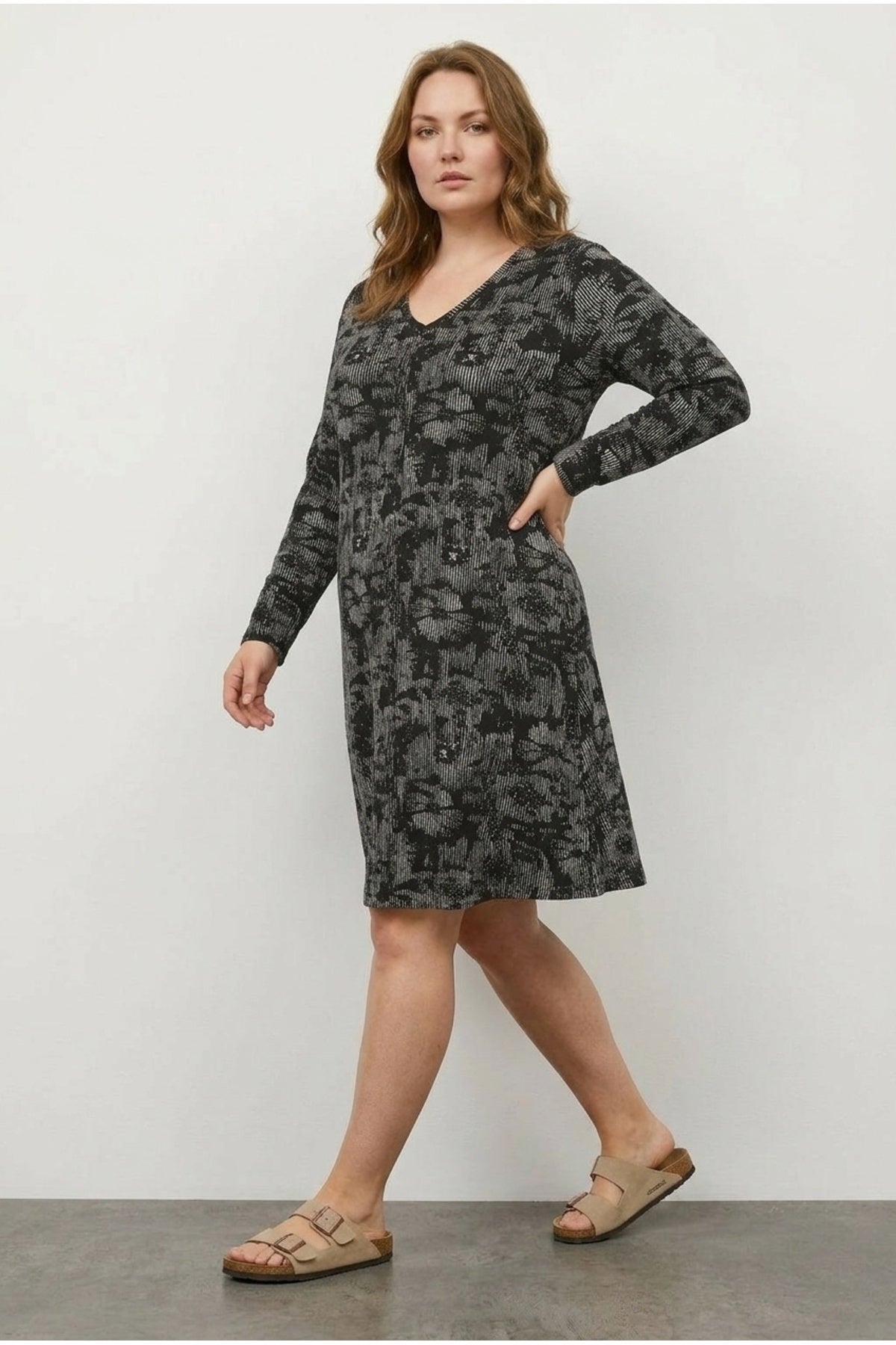 Plus Size V-Neck Long Sleeve Patterned Midi Length Dress