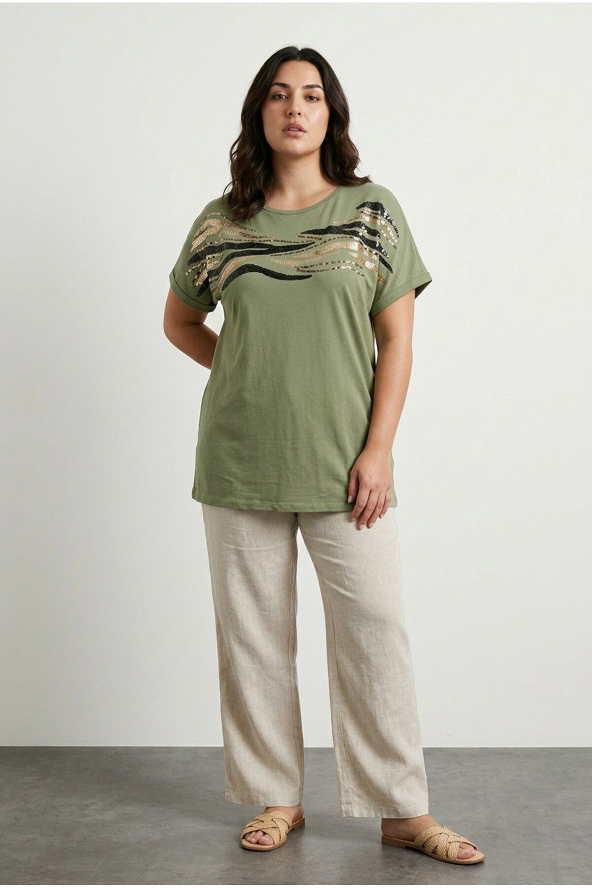 Plus Size Crew Neck Short Sleeve Sequined Glitter Print T-shirt