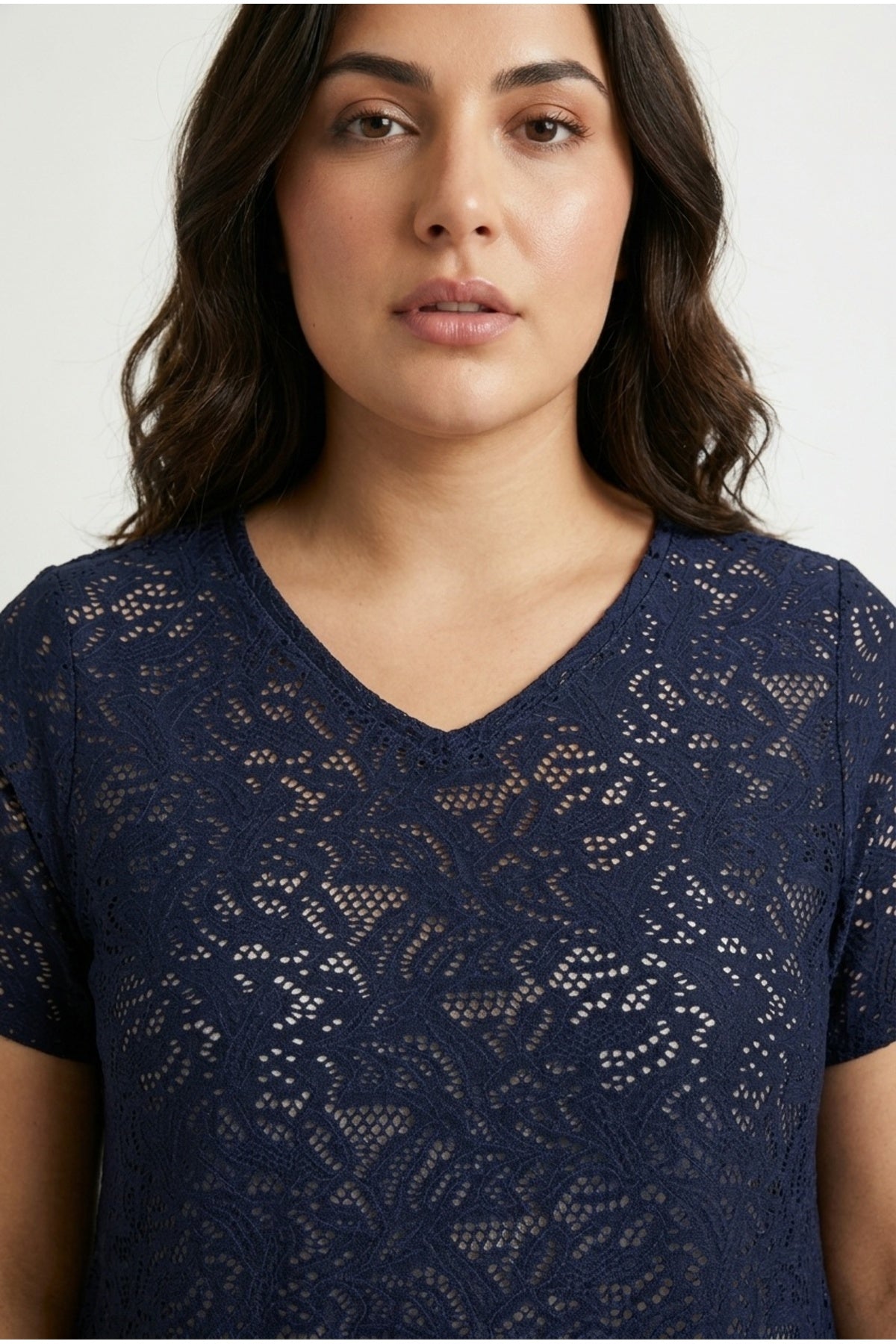 Plus Size V-Neck Short Sleeve Unlined Lace T-shirt