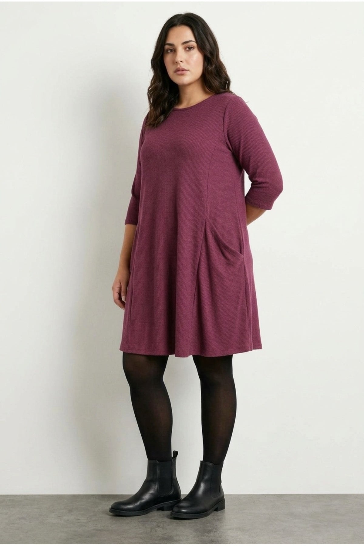 Plus Size 3/4 Sleeve Crew Neck Asymmetric Pocketed Dress
