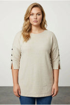 Plus Size 3/4 Sleeve Button Detail Soft Textured Sweater
