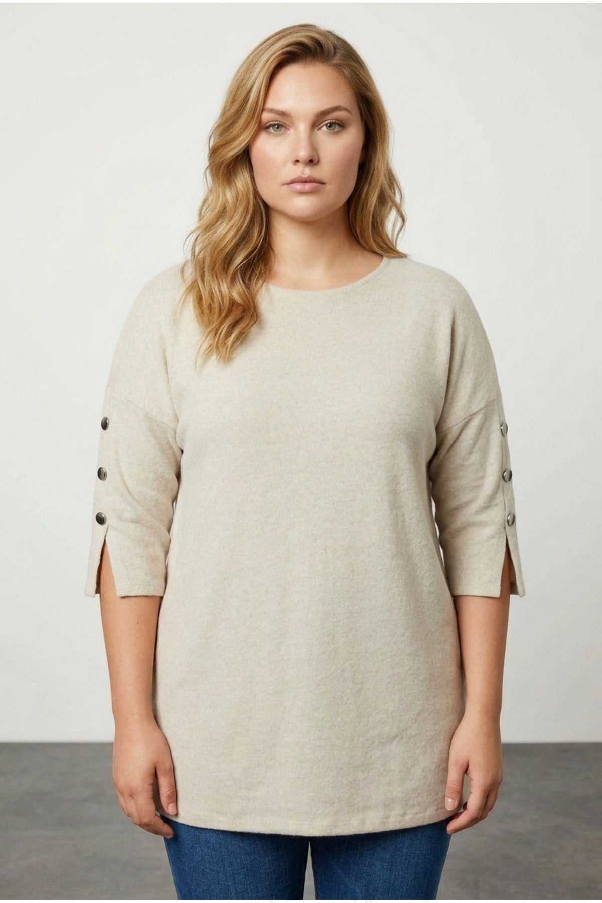 Plus Size 3/4 Sleeve Button Detail Soft Textured Sweater
