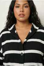Plus Size Striped Stretchy Fabric Button-Front Pocketed Long Cardigan