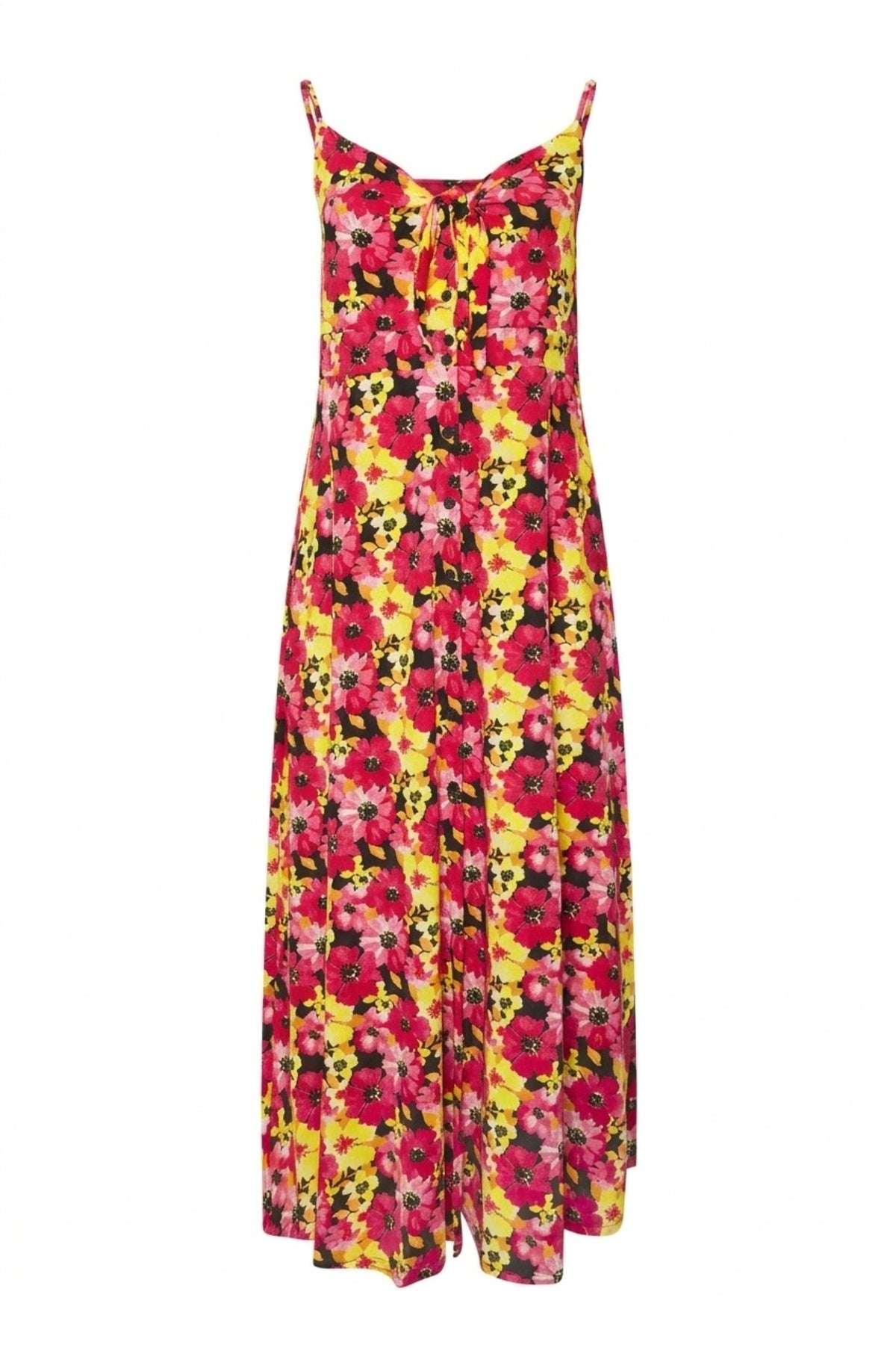 Plus Size Front Shirred Strappy Floral Print Buttoned Dress