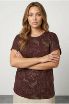 Plus Size Short Sleeve Crew Neck Metallic Patterned Blouse