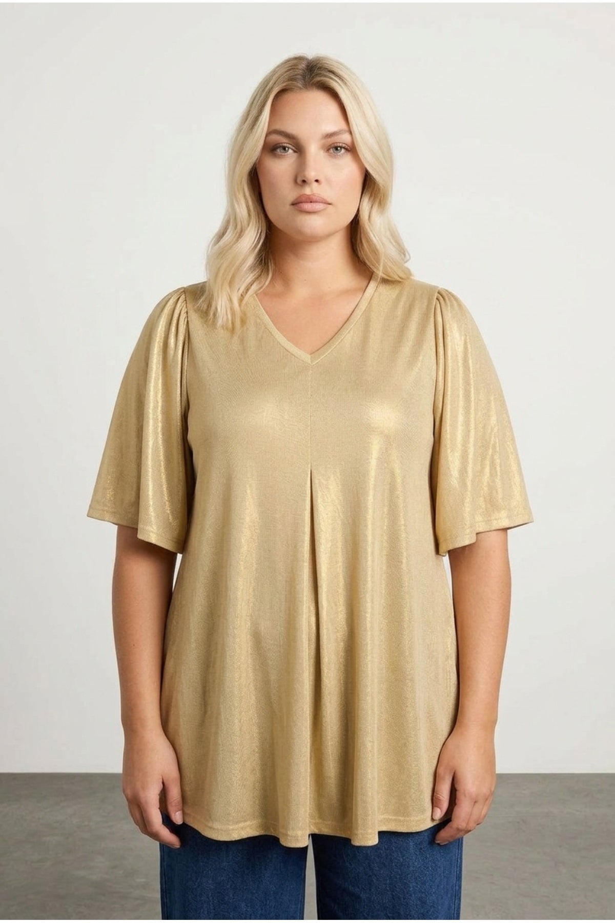 Plus Size V-Neck Short Sleeve Shimmering Look Blouse
