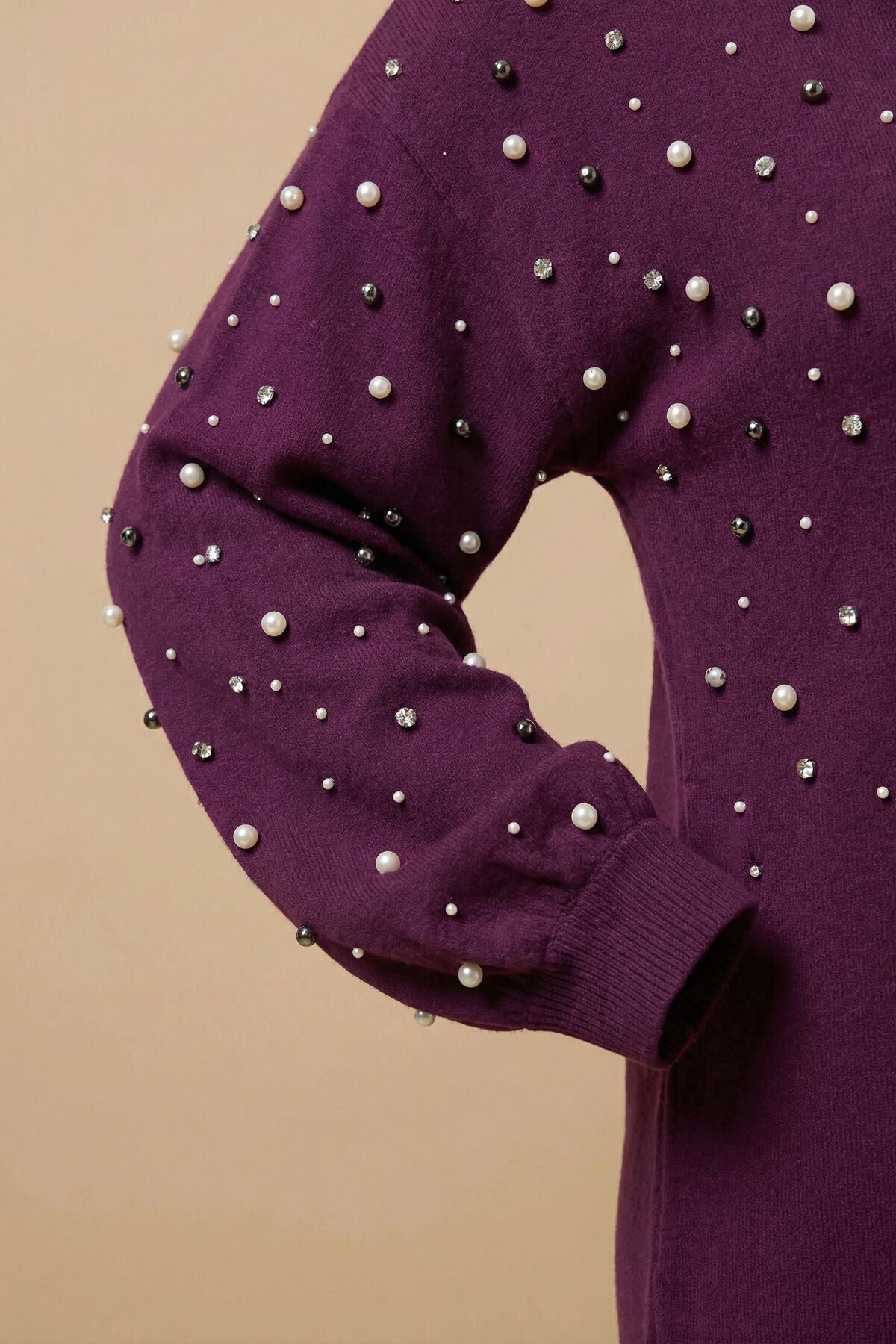 Plus Size Pearl and Stone Embroidered Soft Textured Purple Dress