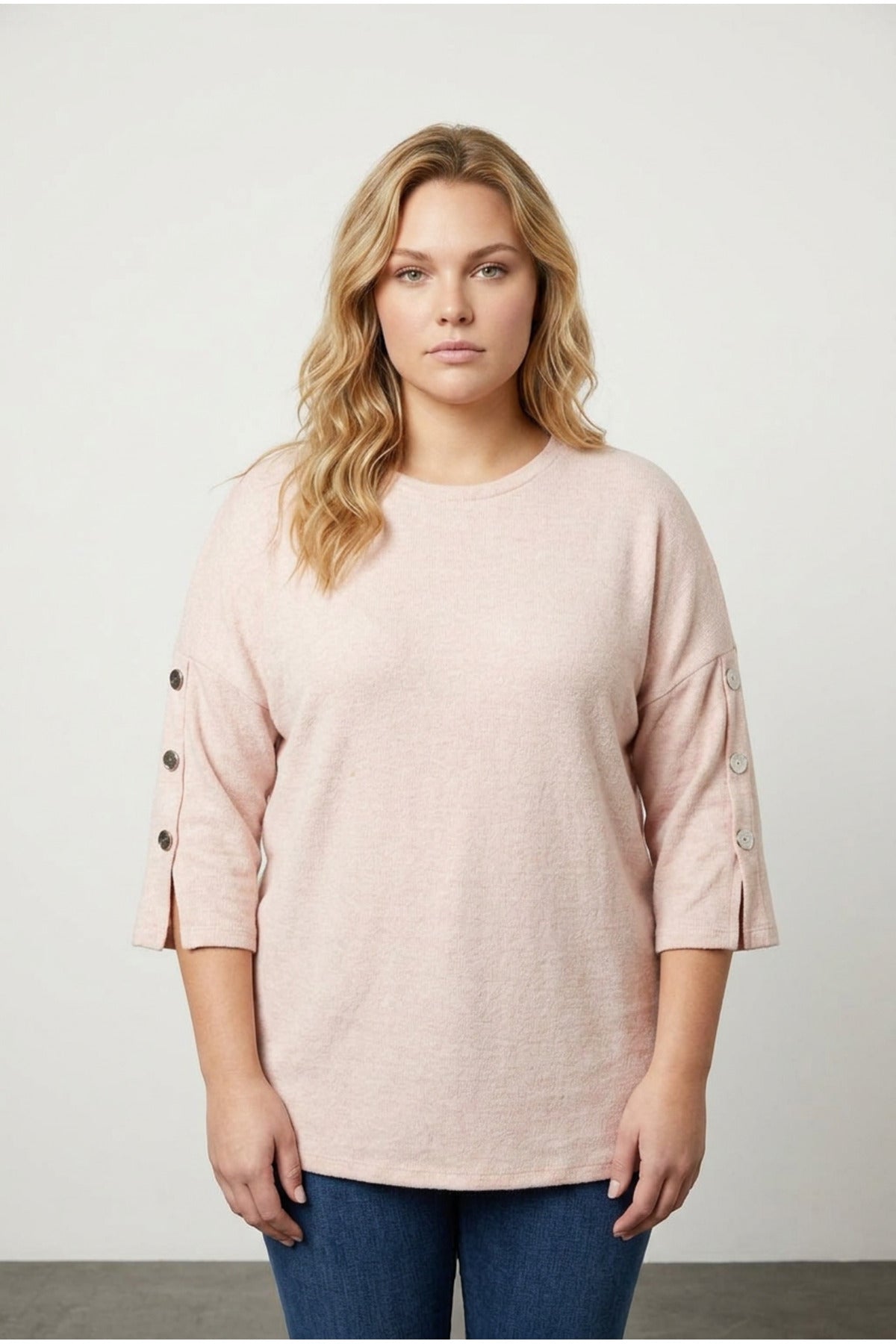 Plus Size Half Sleeve Crew Neck Button Detailed Sweater