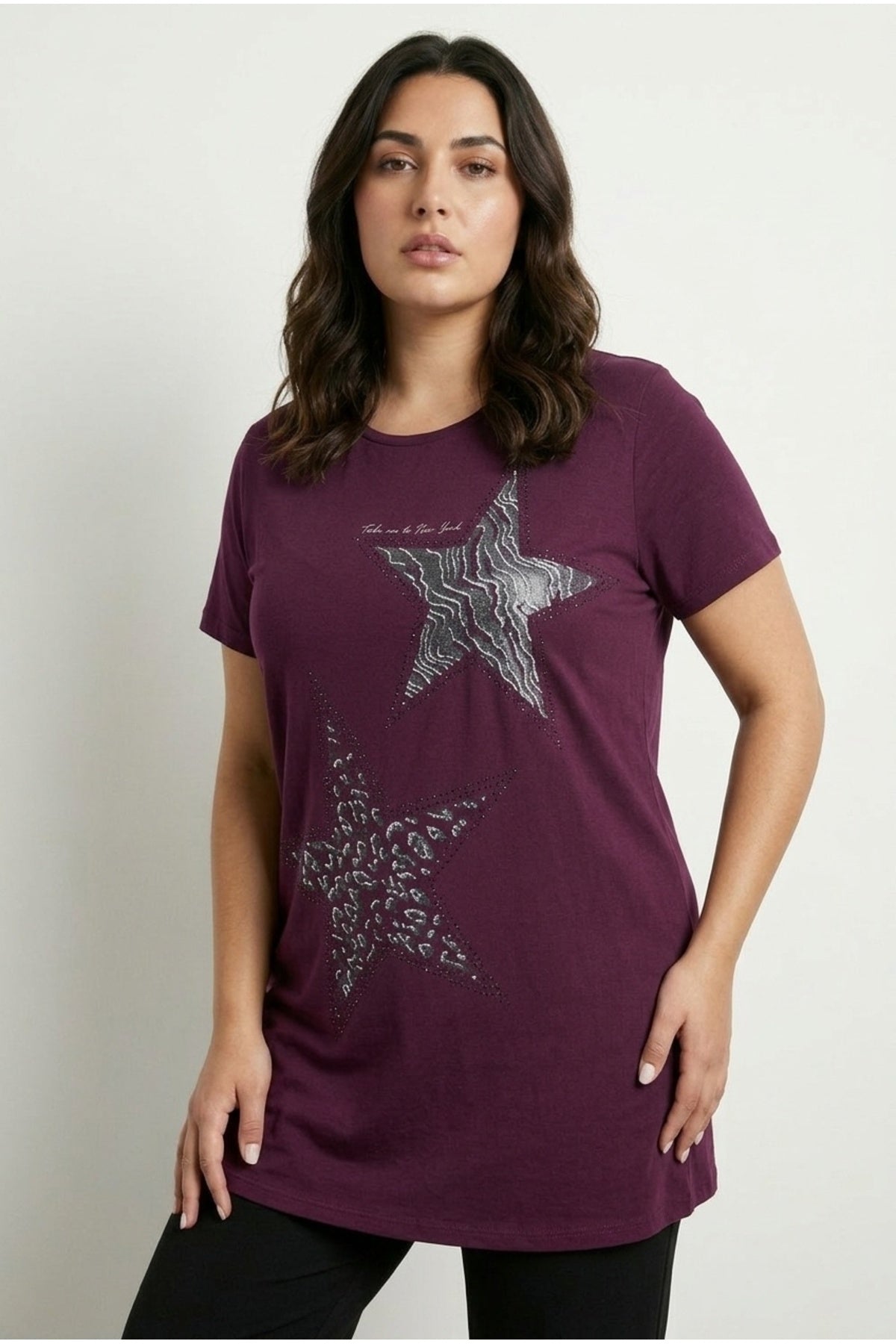 Plus Size Crew Neck Short Sleeve Shiny Printed Rhinestone Embellished T-shirt