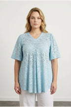 Plus Size V-Neck Short Sleeve Lace Detailed Unlined Blouse