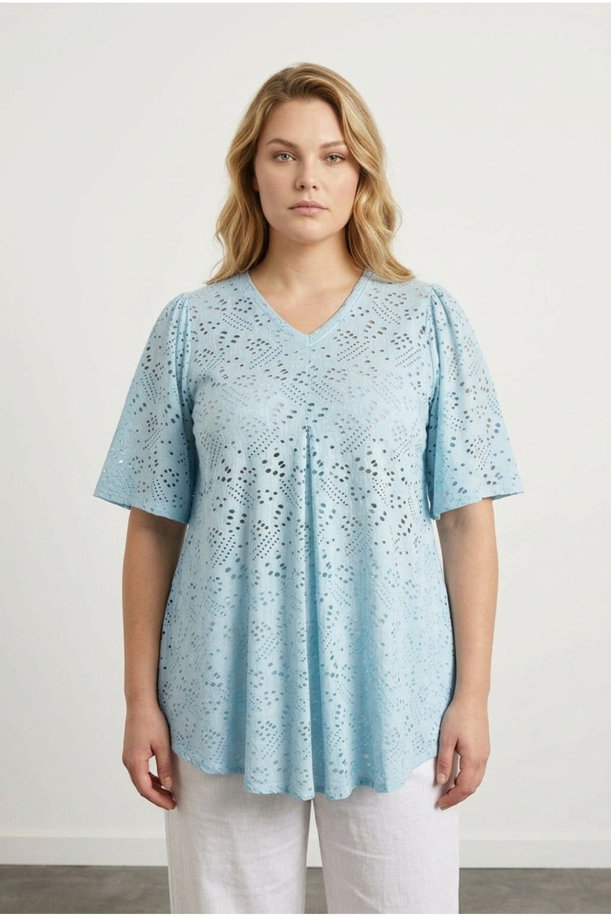 Plus Size V-Neck Short Sleeve Lace Detailed Unlined Blouse