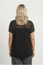 Plus Size Crew Neck Short Sleeve Blouse with Tulle Detail on Neckline