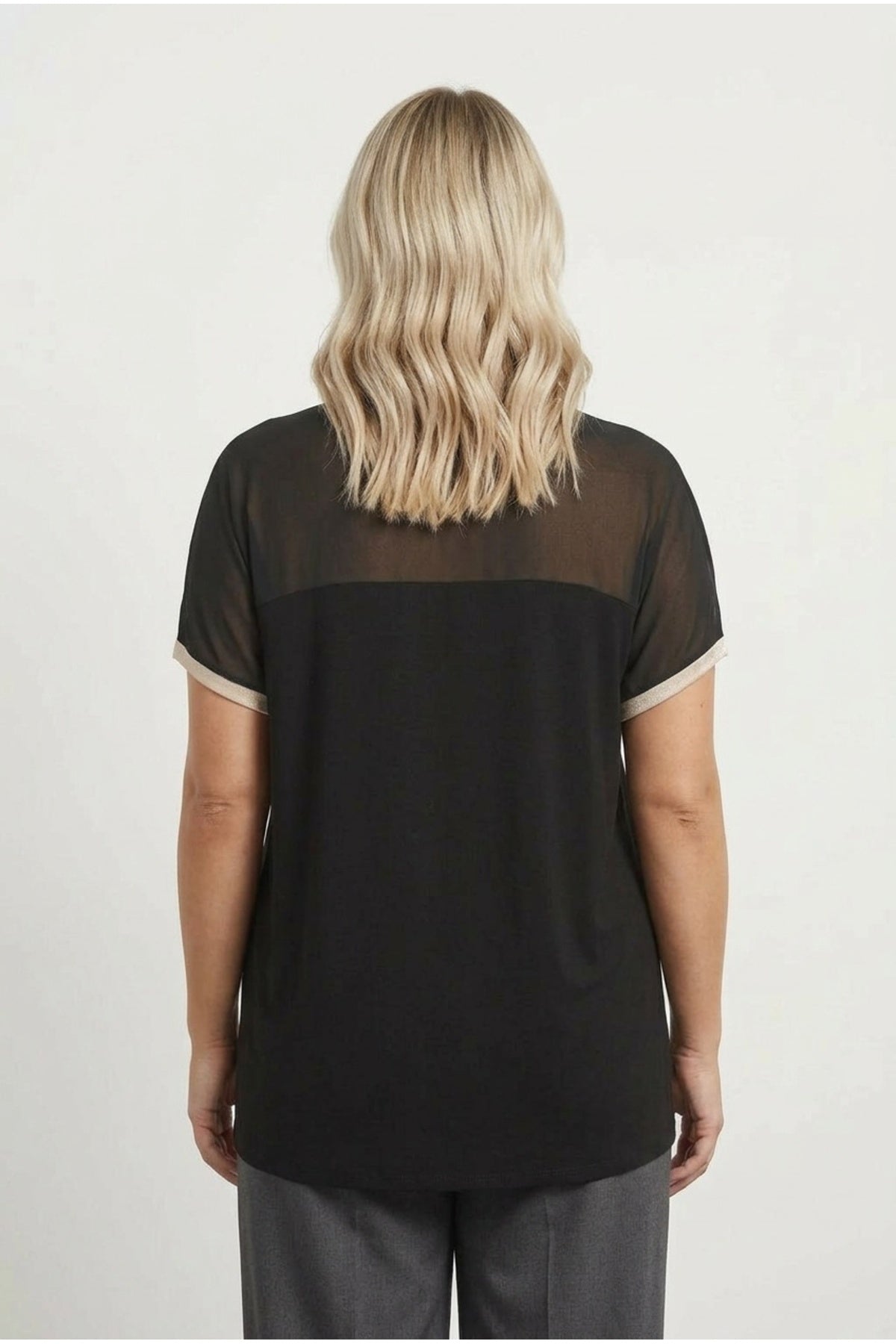 Plus Size Crew Neck Short Sleeve Blouse with Tulle Detail on Neckline