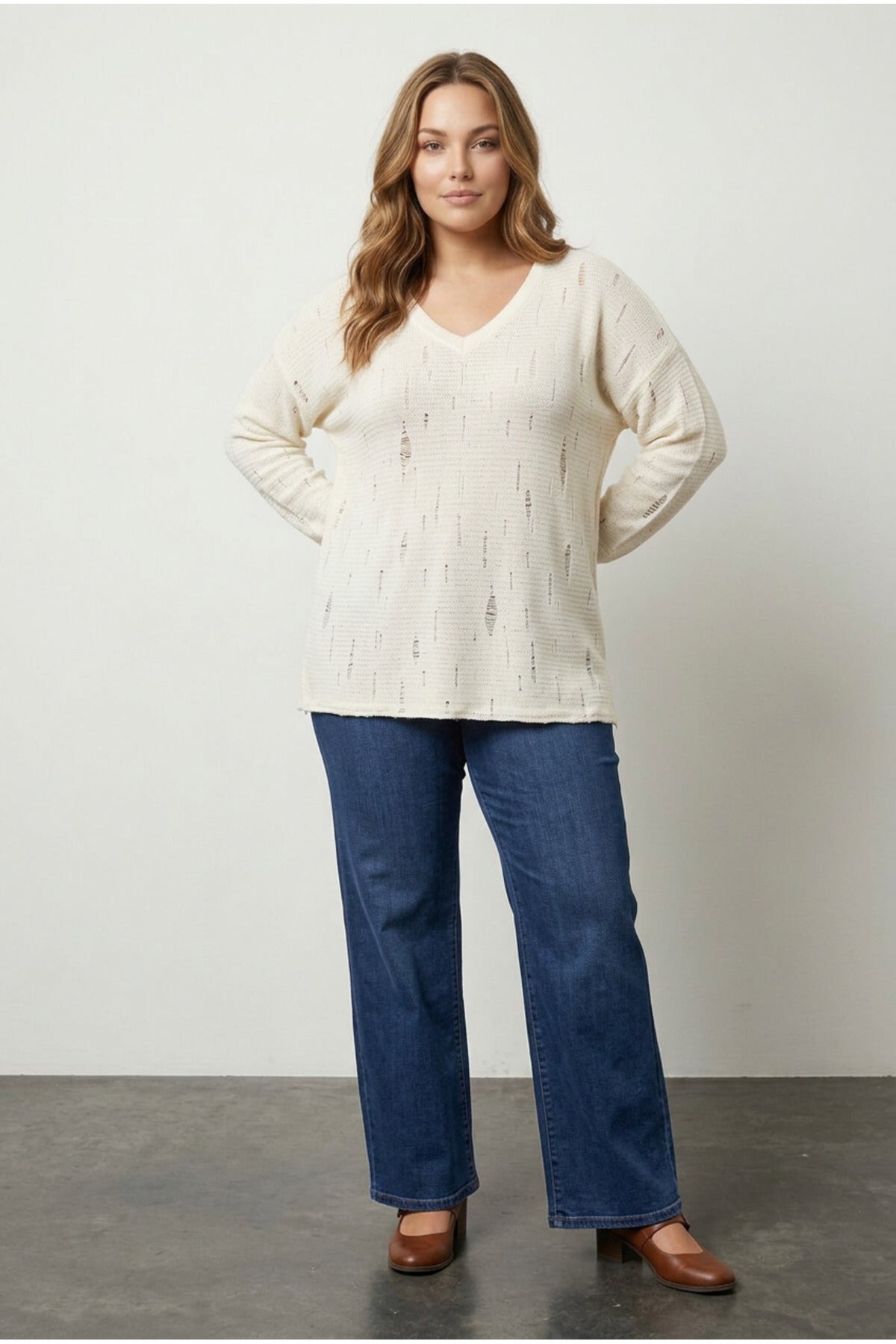 Plus Size Ecru Knit Sweater with Distressed Details