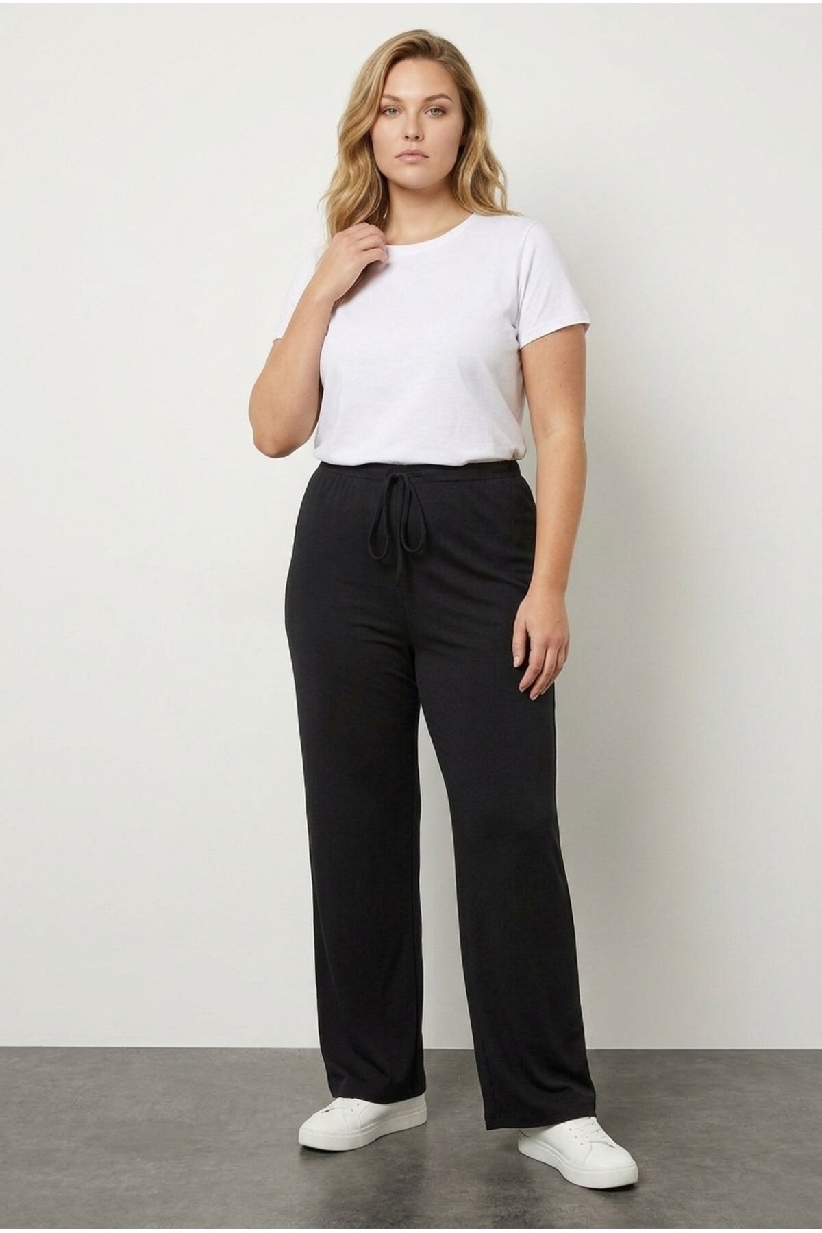 Elasticated Waist and Drawstring Pocketless Wide Leg Trousers