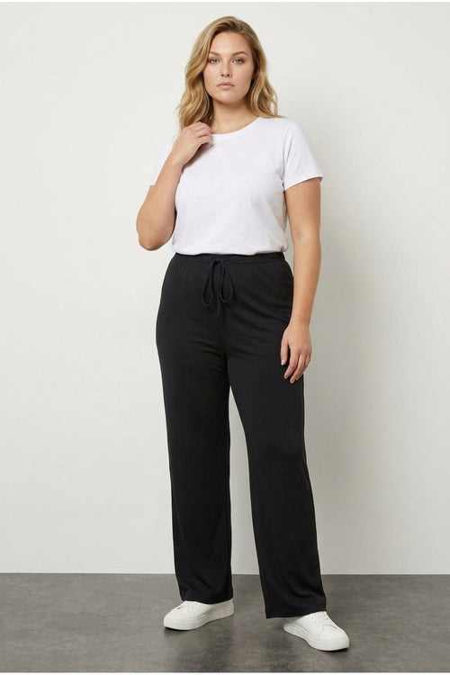 Elasticated Waist and Drawstring Pocketless Wide Leg Trousers