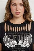 Plus Size Crew Neck Short Sleeve Slash Detail Printed Stretchy Fabric T-shirt