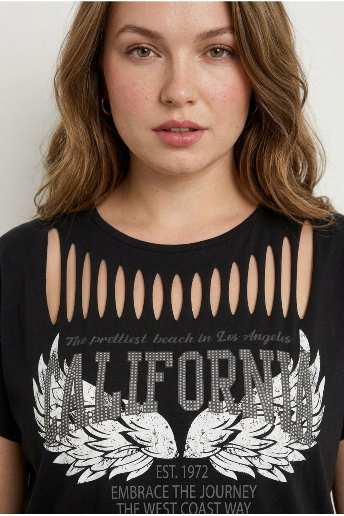 Plus Size Crew Neck Short Sleeve Slash Detail Printed Stretchy Fabric T-shirt